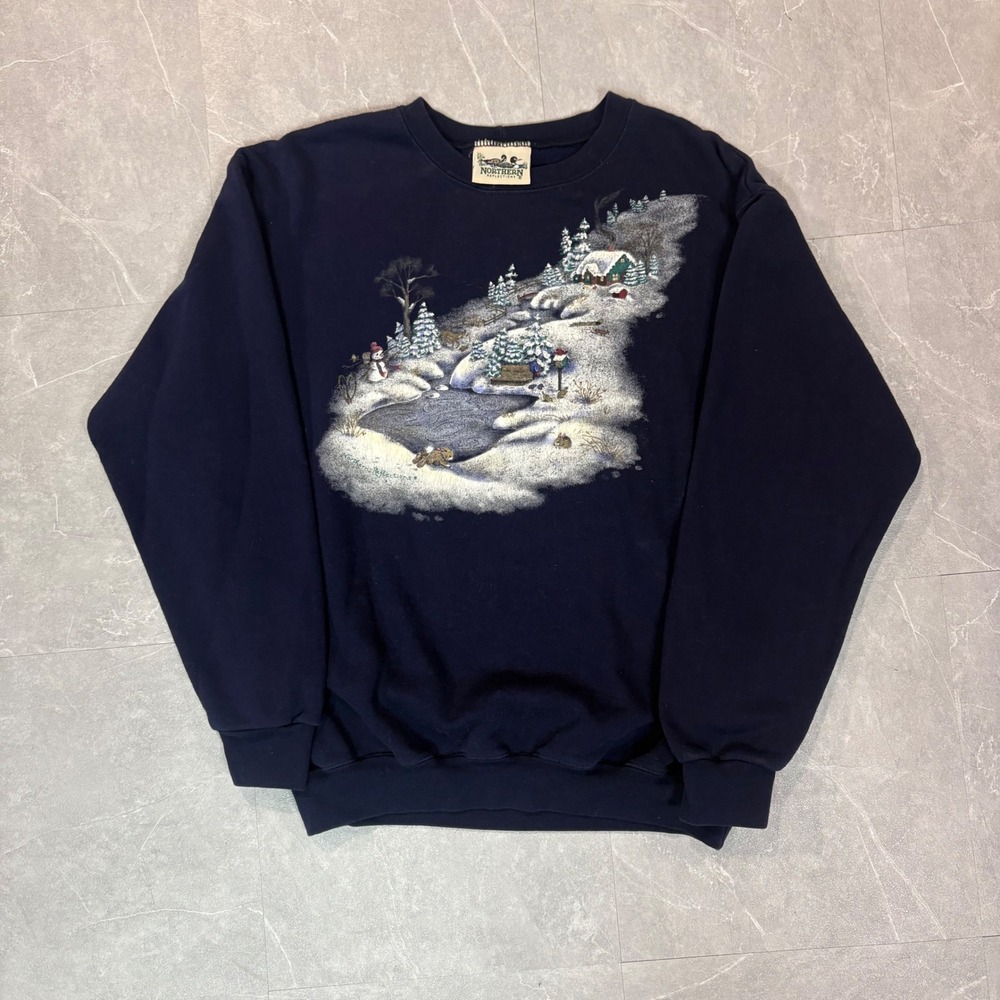 Vintage Northern Reflections Winter Cabin Scene Sweatshirt Navy Blue XL